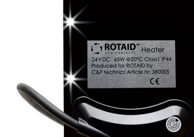 Rotaid varmesystem for hjertestarterskap, detalj med teknisk spesifikasjon, IP44, 24VDC.