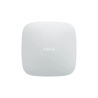 Hvit Ajax alarmsentral for sikkerhetssystem, minimalistisk design, sett forfra mot hvit bakgrunn